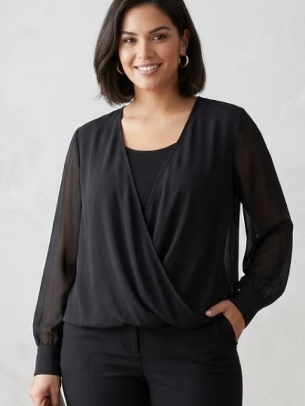 Chico's black long-sleeved draped blouse with crossover front detail, women's L